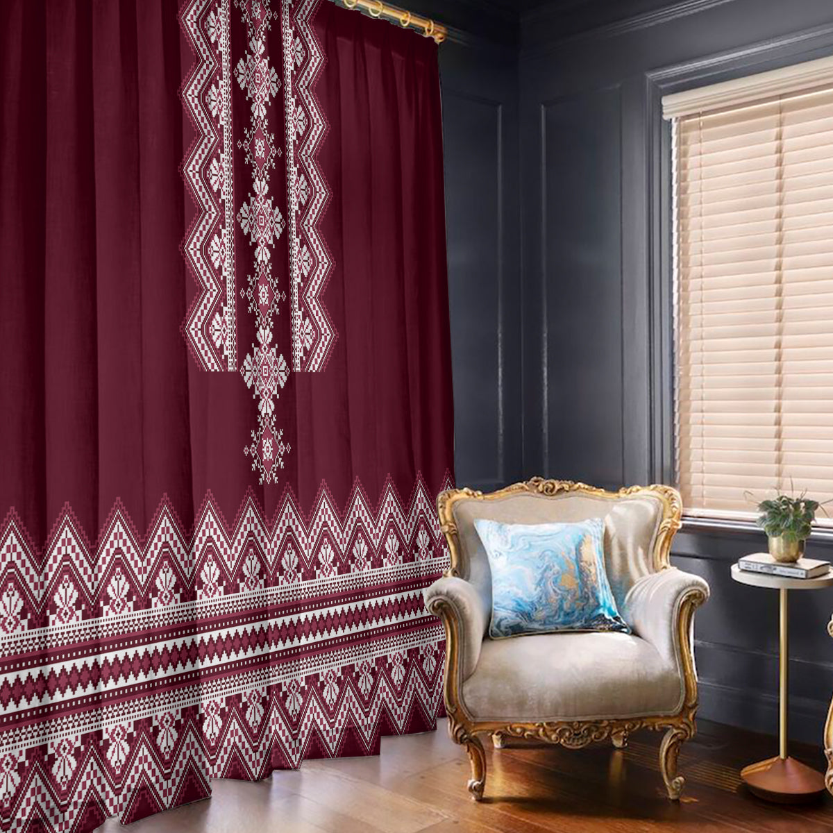 Ukraine Folk Pattern Window Curtain Ukrainian Wine Red Version - Wonder Print Shop