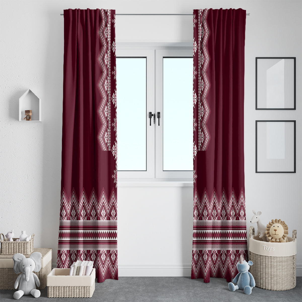 Ukraine Folk Pattern Window Curtain Ukrainian Wine Red Version - Wonder Print Shop