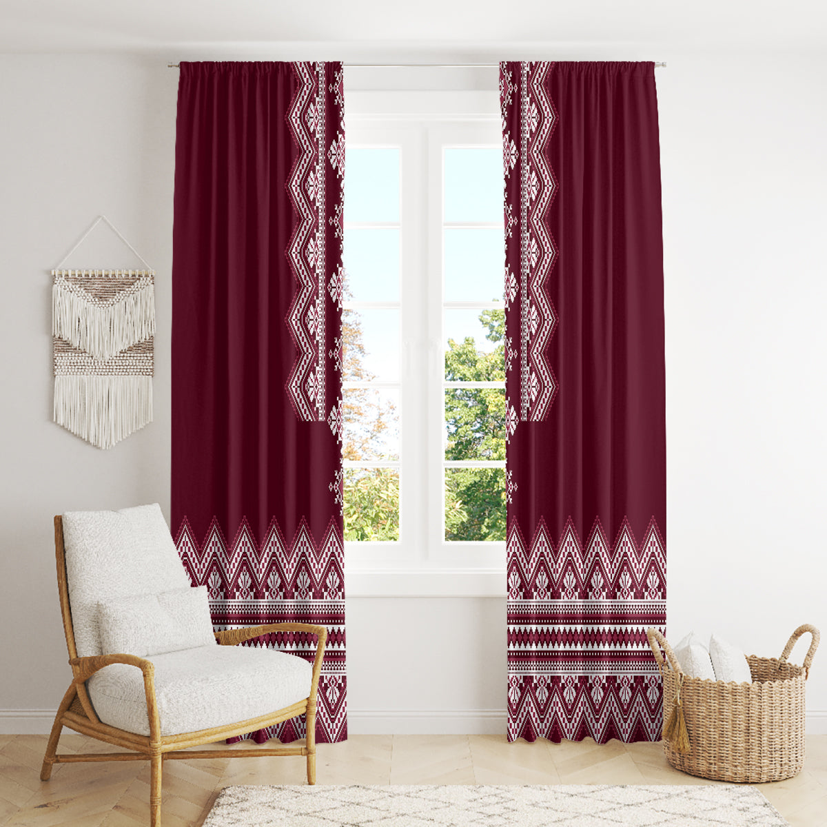 Ukraine Folk Pattern Window Curtain Ukrainian Wine Red Version - Wonder Print Shop