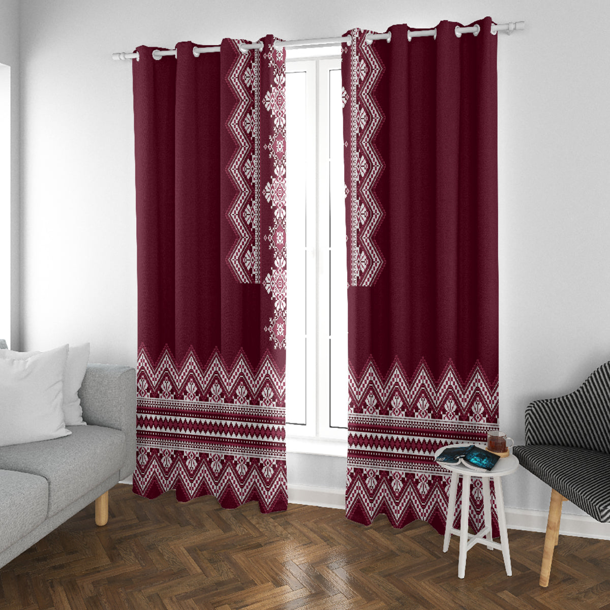 Ukraine Folk Pattern Window Curtain Ukrainian Wine Red Version - Wonder Print Shop