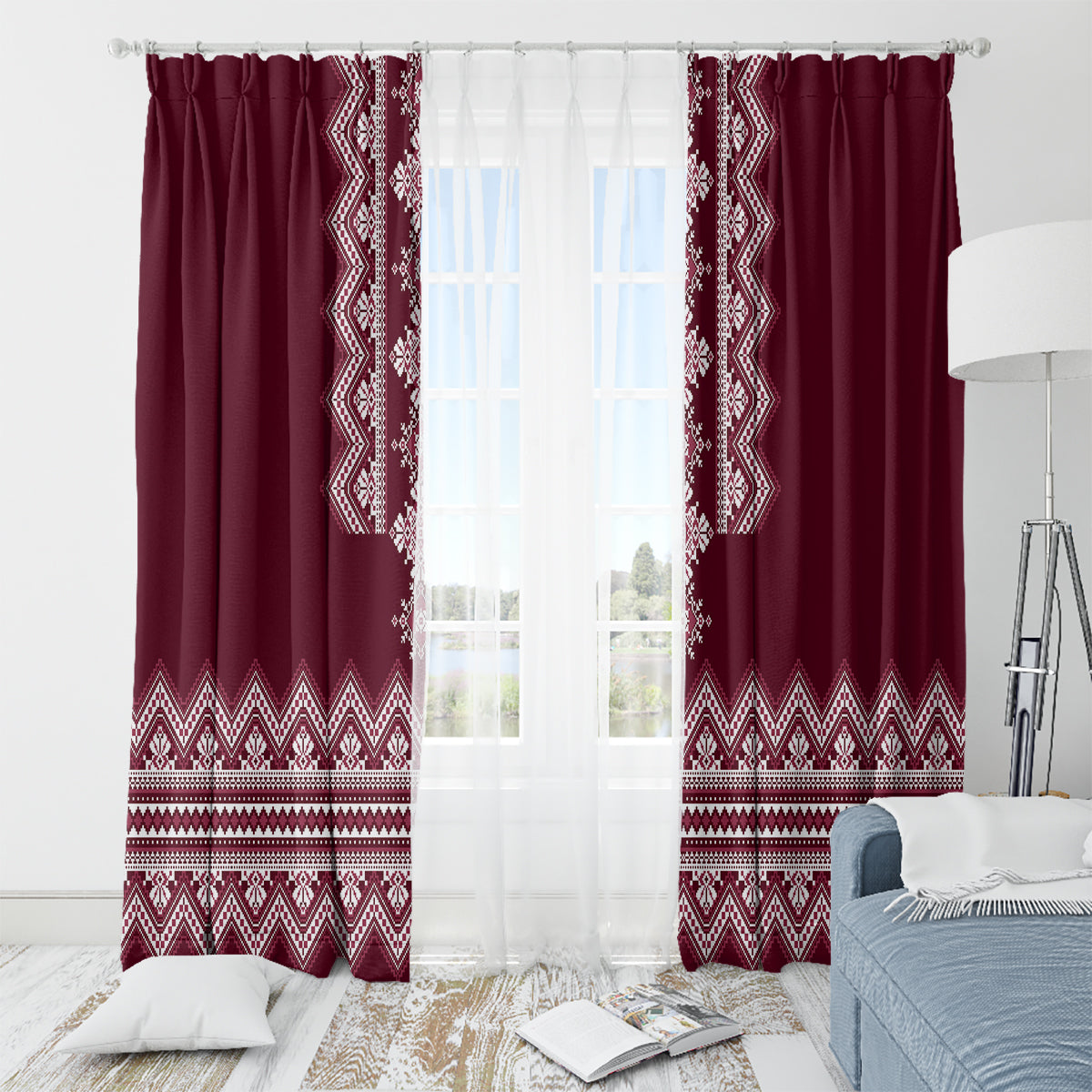 Ukraine Folk Pattern Window Curtain Ukrainian Wine Red Version - Wonder Print Shop