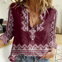Ukraine Folk Pattern Women Casual Shirt Ukrainian Wine Red Version - Wonder Print Shop