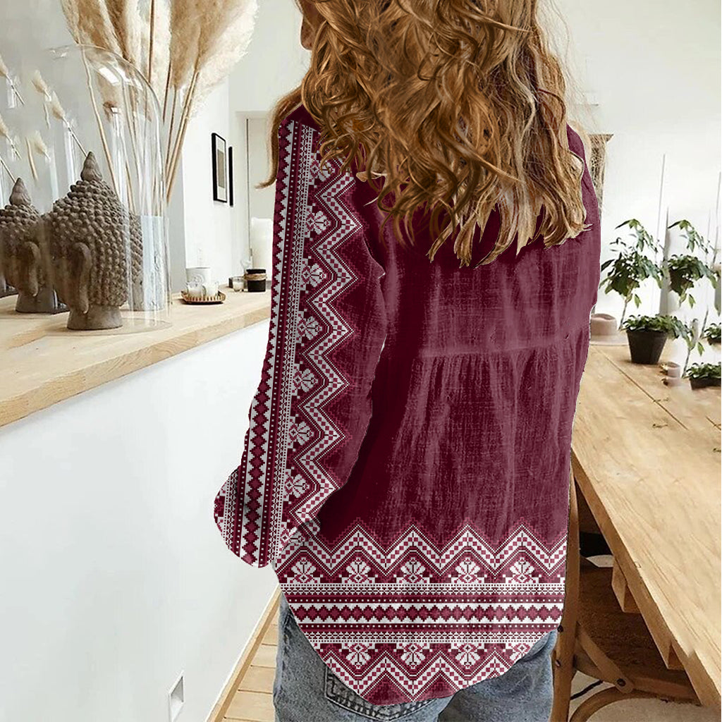 Ukraine Folk Pattern Women Casual Shirt Ukrainian Wine Red Version - Wonder Print Shop