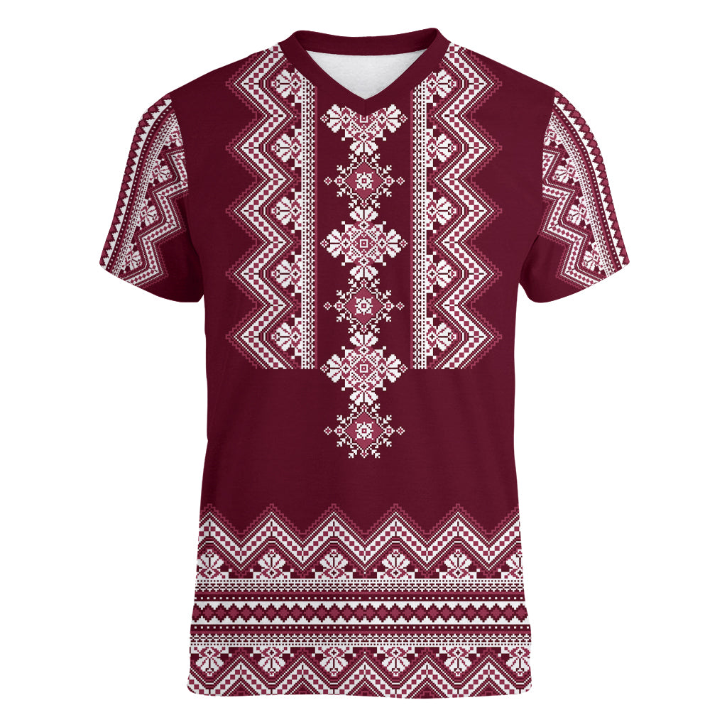 Ukraine Folk Pattern Women V Neck T Shirt Ukrainian Wine Red Version - Wonder Print Shop