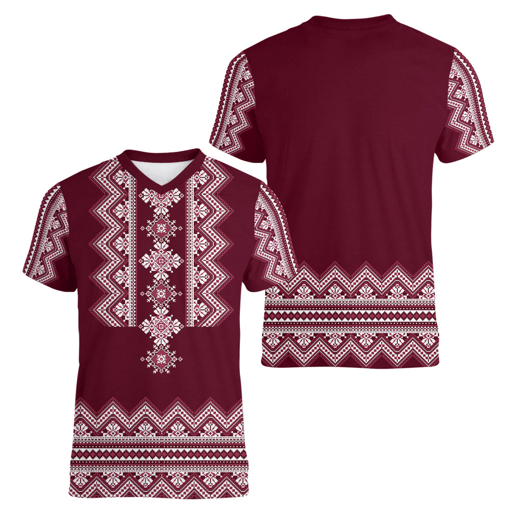 Ukraine Folk Pattern Women V Neck T Shirt Ukrainian Wine Red Version - Wonder Print Shop