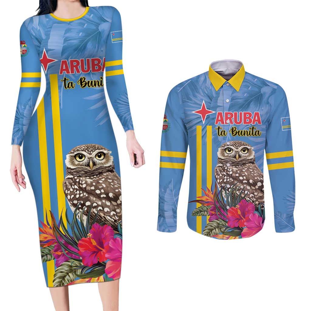 Aruba ta Bonita Couples Matching Long Sleeve Bodycon Dress and Long Sleeve Button Shirt Aruba Shoco Tropical Vibe - Wonder Print Shop