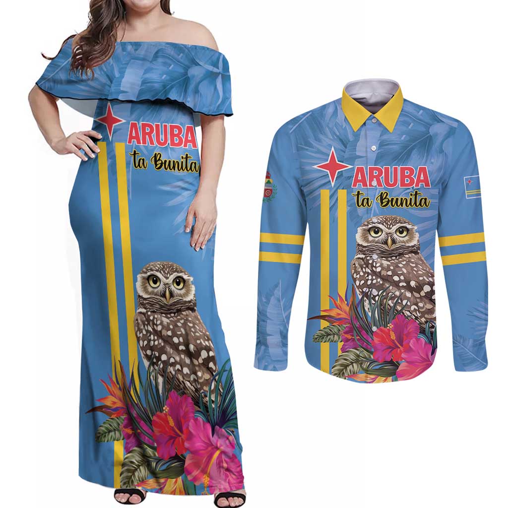 Aruba ta Bonita Couples Matching Off Shoulder Maxi Dress and Long Sleeve Button Shirt Aruba Shoco Tropical Vibe - Wonder Print Shop