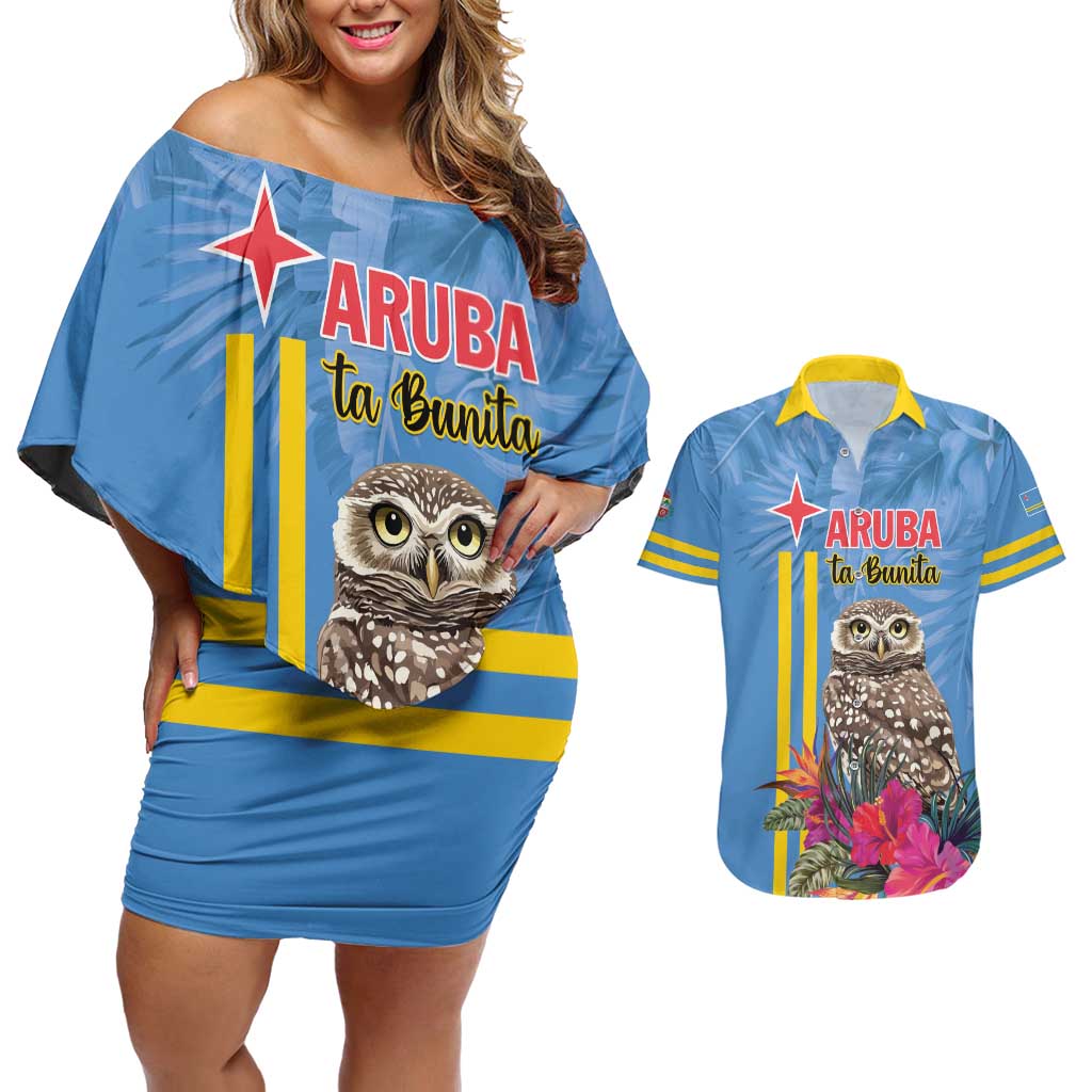 Aruba ta Bonita Couples Matching Off Shoulder Short Dress and Hawaiian Shirt Aruba Shoco Tropical Vibe - Wonder Print Shop