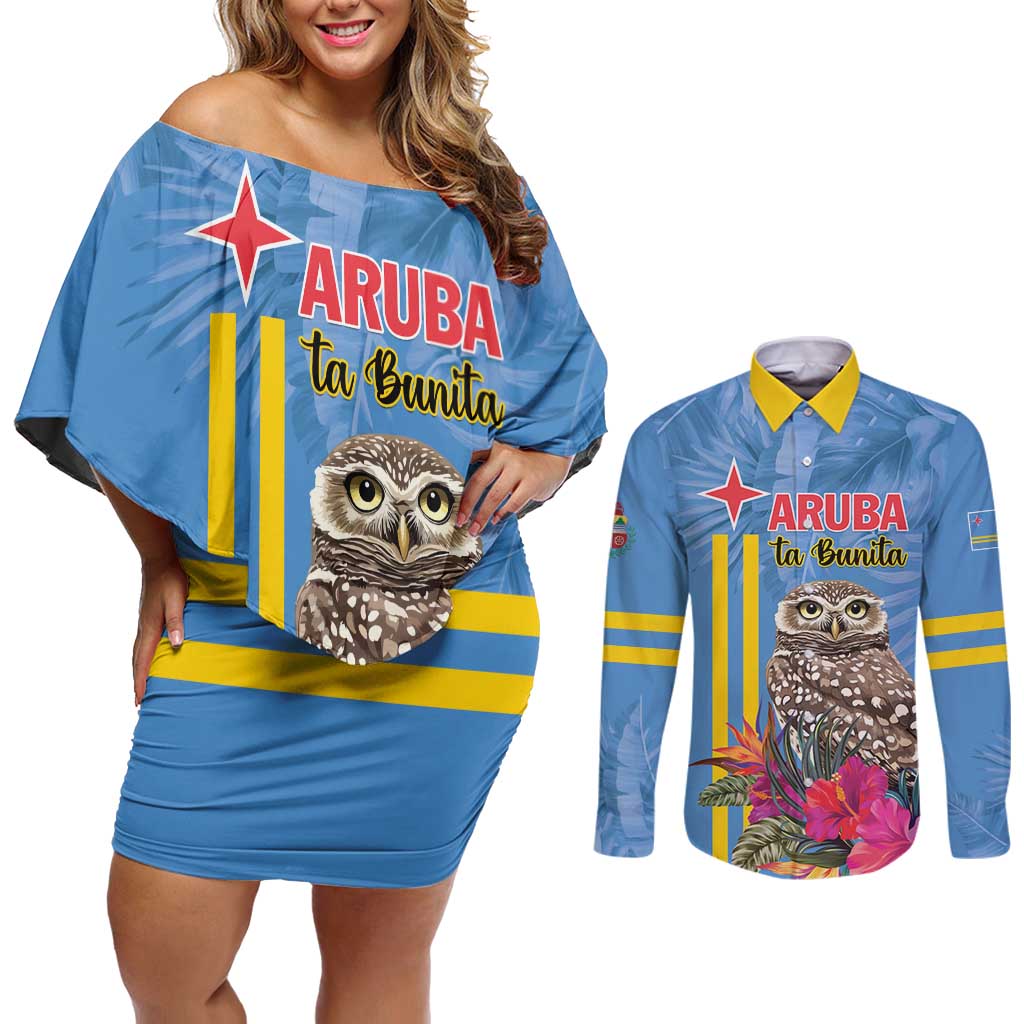 Aruba ta Bonita Couples Matching Off Shoulder Short Dress and Long Sleeve Button Shirt Aruba Shoco Tropical Vibe - Wonder Print Shop