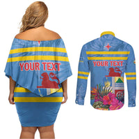 Aruba ta Bonita Couples Matching Off Shoulder Short Dress and Long Sleeve Button Shirt Aruba Shoco Tropical Vibe - Wonder Print Shop