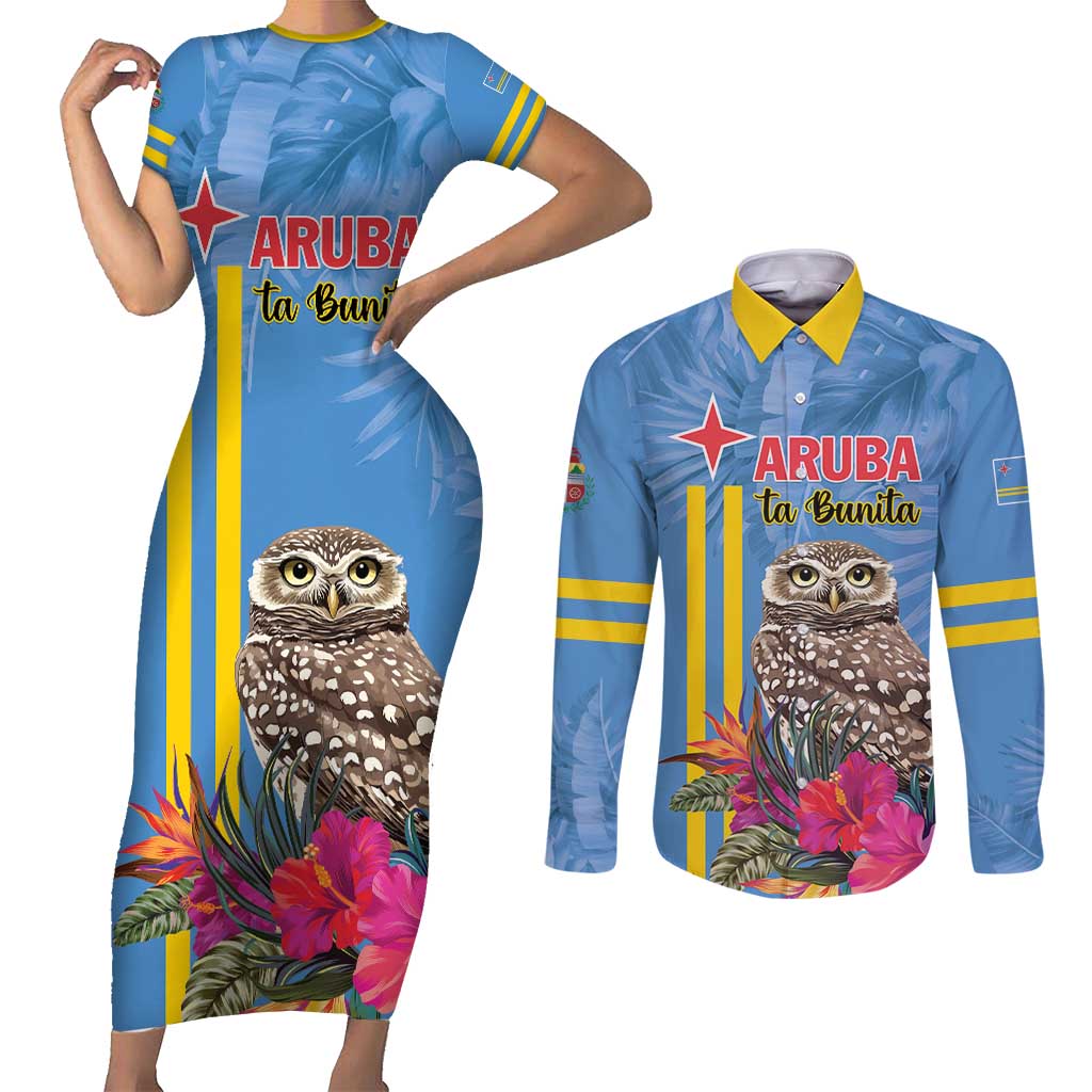 Aruba ta Bonita Couples Matching Short Sleeve Bodycon Dress and Long Sleeve Button Shirt Aruba Shoco Tropical Vibe - Wonder Print Shop