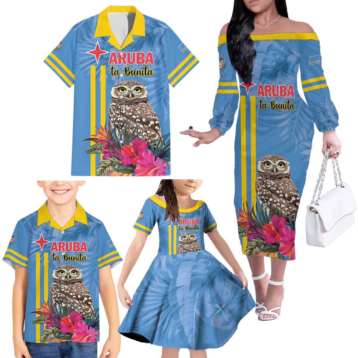 Aruba ta Bonita Family Matching Off The Shoulder Long Sleeve Dress and Hawaiian Shirt Aruba Shoco Tropical Vibe - Wonder Print Shop