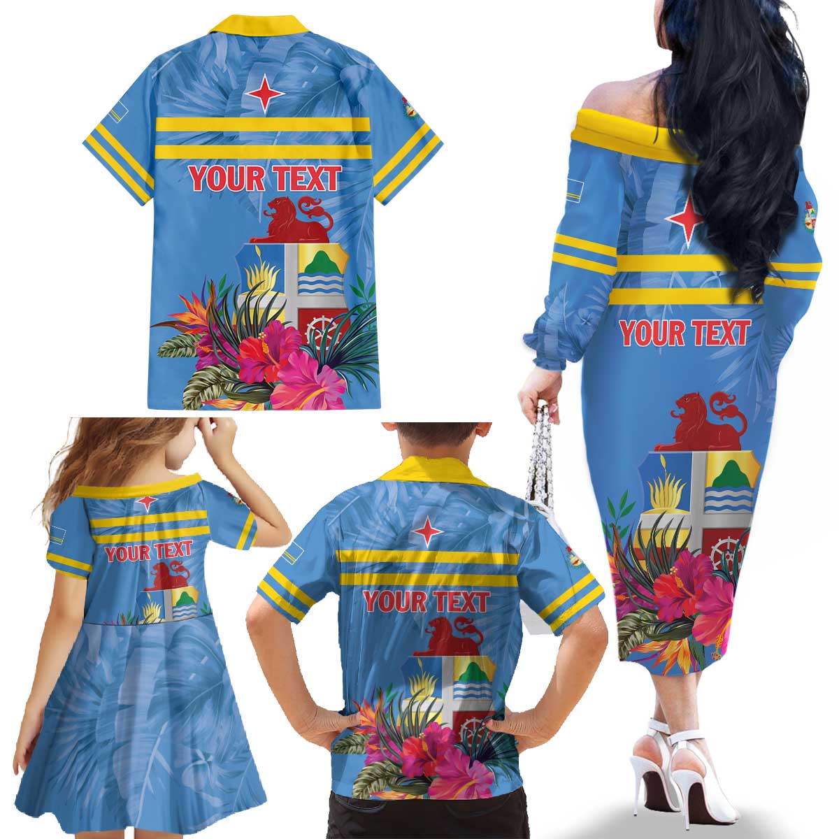 Aruba ta Bonita Family Matching Off The Shoulder Long Sleeve Dress and Hawaiian Shirt Aruba Shoco Tropical Vibe - Wonder Print Shop