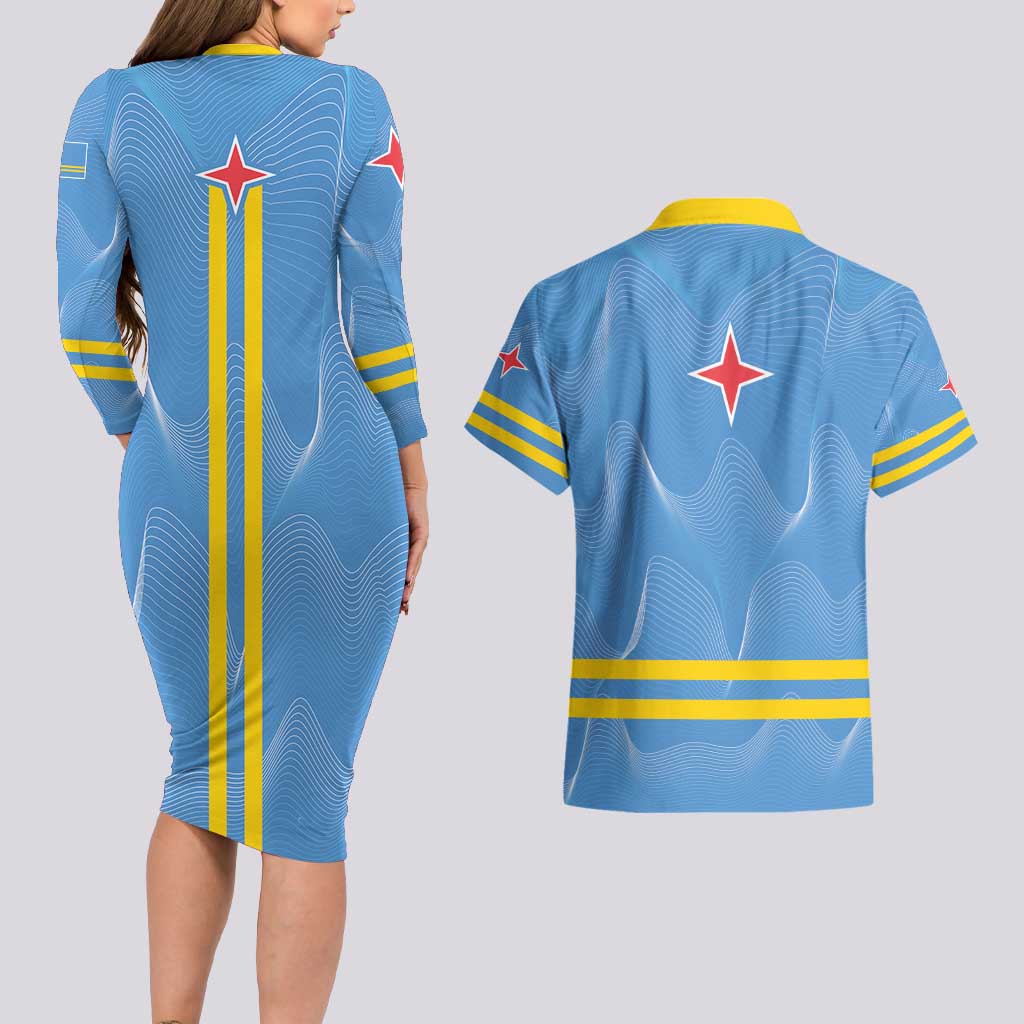 Feliz Dia di Betico Couples Matching Long Sleeve Bodycon Dress and Hawaiian Shirt Aruba Flag Style - Wonder Print Shop