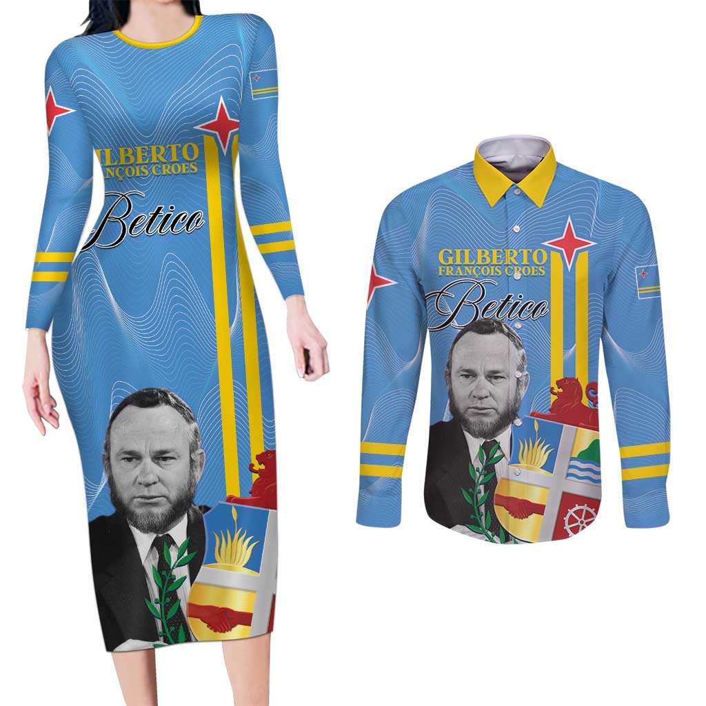 Feliz Dia di Betico Couples Matching Long Sleeve Bodycon Dress and Long Sleeve Button Shirt Aruba Flag Style - Wonder Print Shop