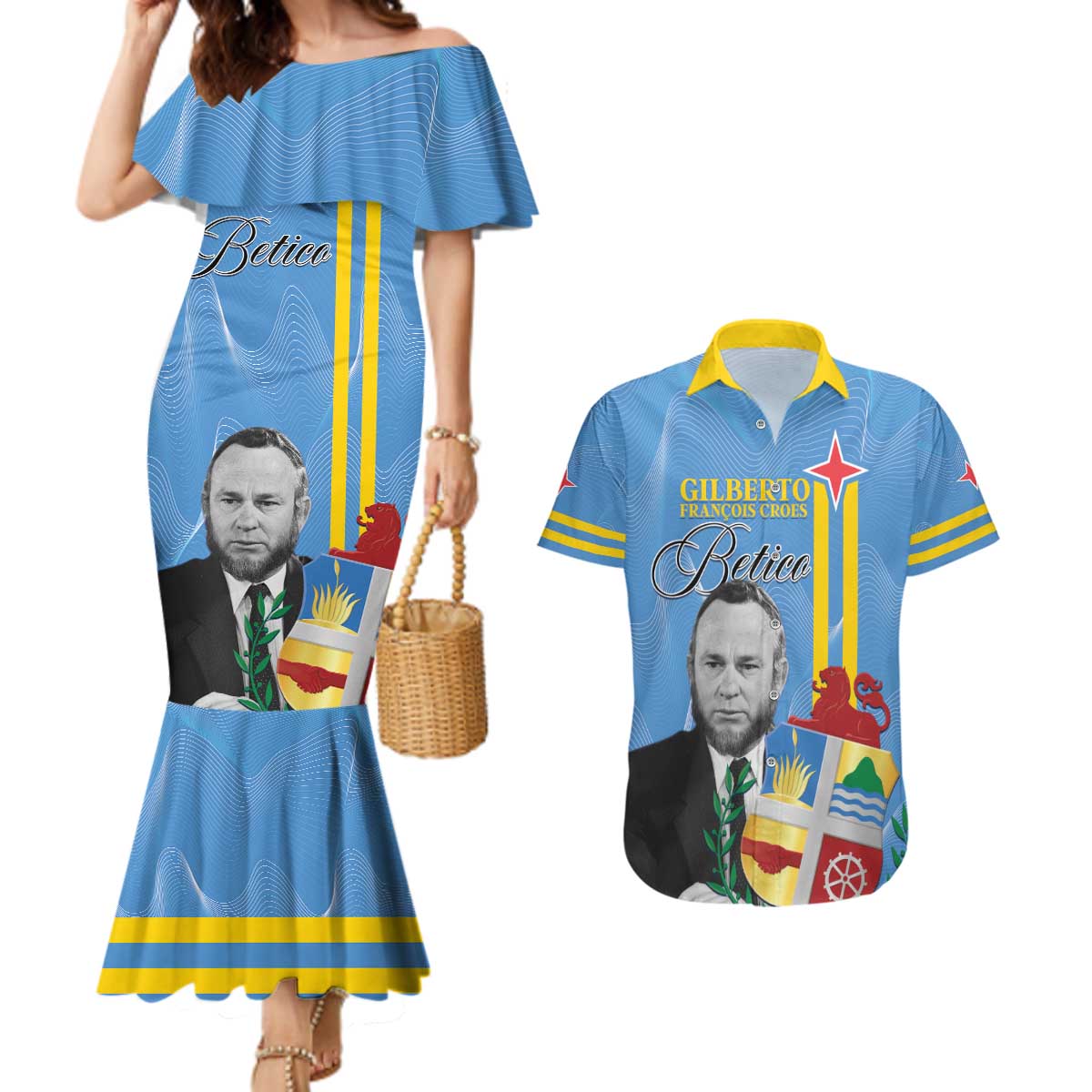 Feliz Dia di Betico Couples Matching Mermaid Dress and Hawaiian Shirt Aruba Flag Style - Wonder Print Shop