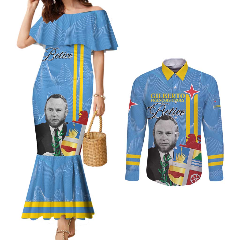Feliz Dia di Betico Couples Matching Mermaid Dress and Long Sleeve Button Shirt Aruba Flag Style