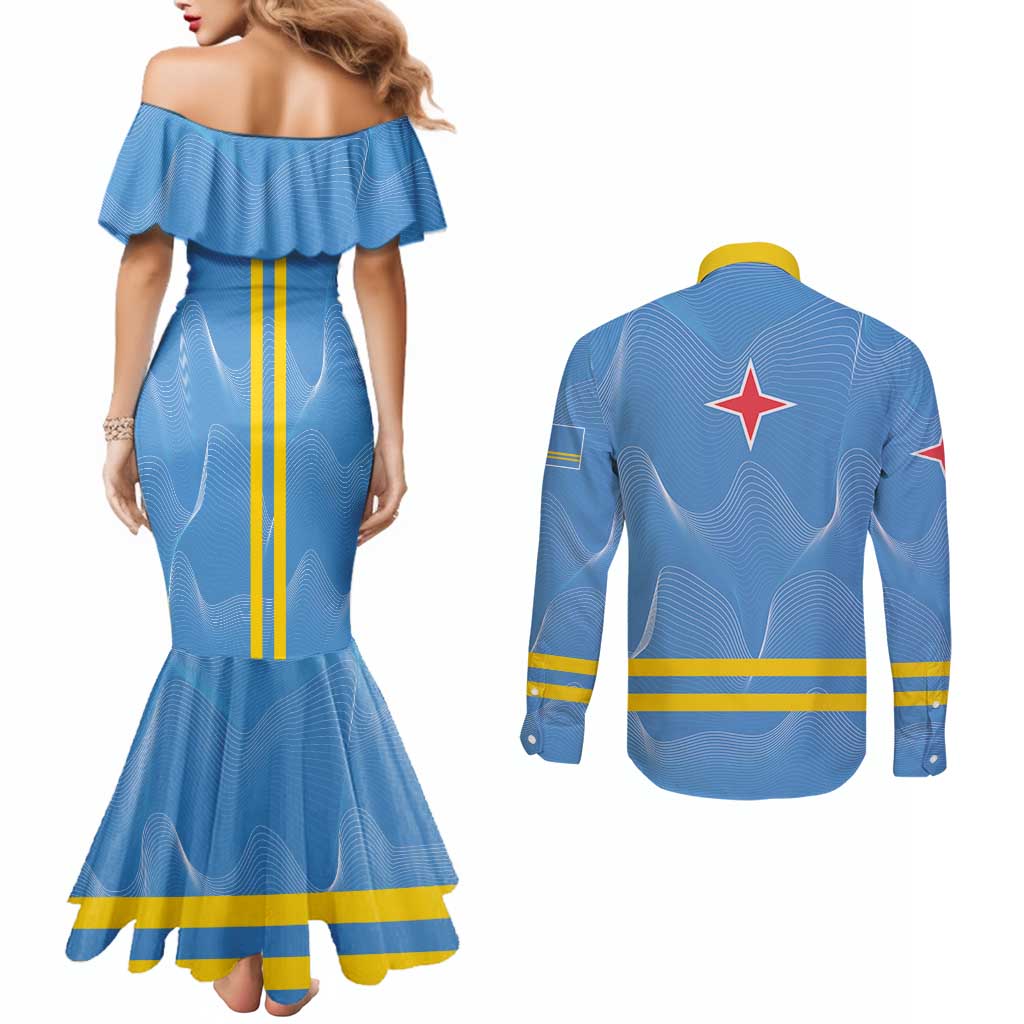 Feliz Dia di Betico Couples Matching Mermaid Dress and Long Sleeve Button Shirt Aruba Flag Style