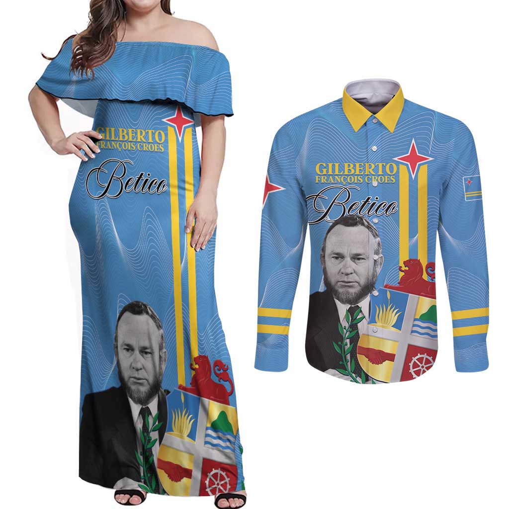 Feliz Dia di Betico Couples Matching Off Shoulder Maxi Dress and Long Sleeve Button Shirt Aruba Flag Style - Wonder Print Shop