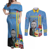 Feliz Dia di Betico Couples Matching Off Shoulder Maxi Dress and Long Sleeve Button Shirt Aruba Flag Style - Wonder Print Shop