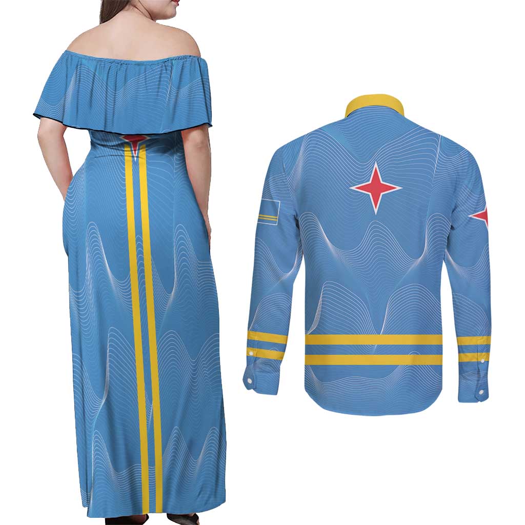 Feliz Dia di Betico Couples Matching Off Shoulder Maxi Dress and Long Sleeve Button Shirt Aruba Flag Style - Wonder Print Shop