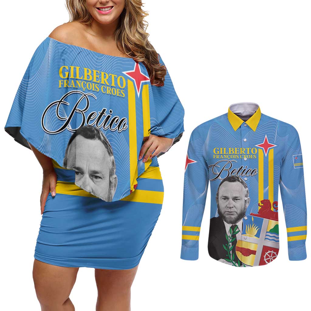 Feliz Dia di Betico Couples Matching Off Shoulder Short Dress and Long Sleeve Button Shirt Aruba Flag Style - Wonder Print Shop
