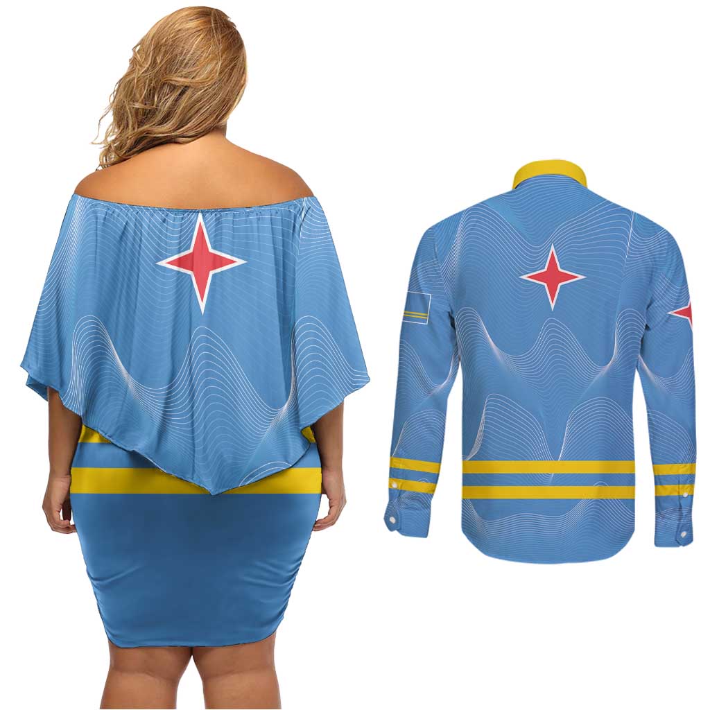 Feliz Dia di Betico Couples Matching Off Shoulder Short Dress and Long Sleeve Button Shirt Aruba Flag Style - Wonder Print Shop