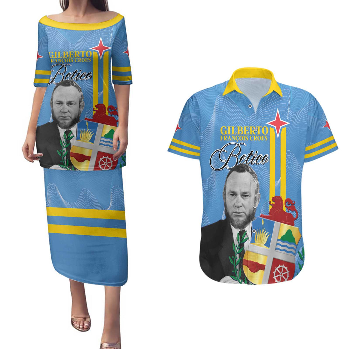 Feliz Dia di Betico Couples Matching Puletasi and Hawaiian Shirt Aruba Flag Style - Wonder Print Shop