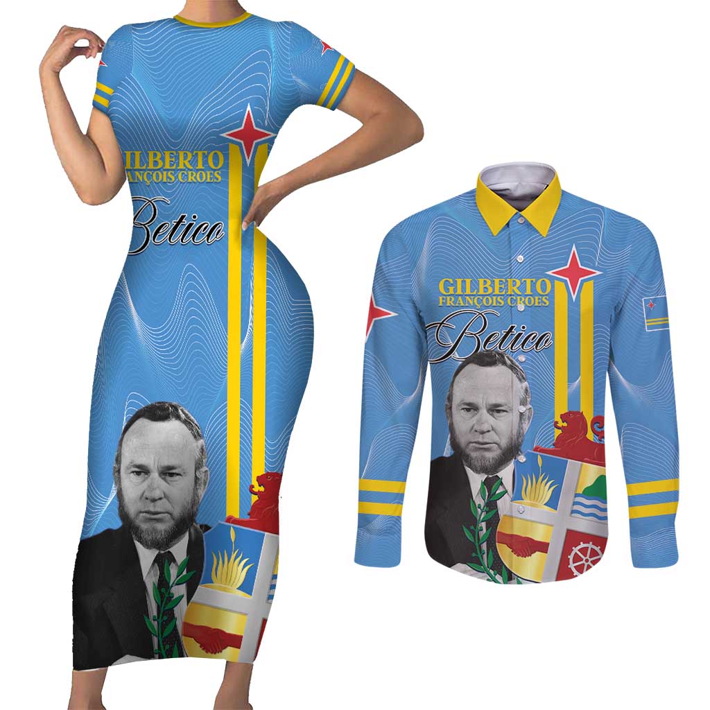 Feliz Dia di Betico Couples Matching Short Sleeve Bodycon Dress and Long Sleeve Button Shirt Aruba Flag Style - Wonder Print Shop