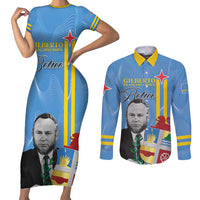 Feliz Dia di Betico Couples Matching Short Sleeve Bodycon Dress and Long Sleeve Button Shirt Aruba Flag Style - Wonder Print Shop
