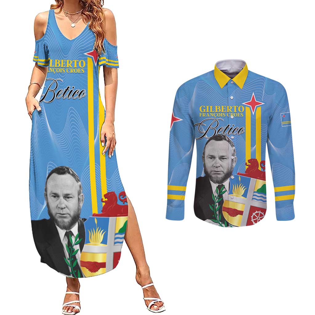Feliz Dia di Betico Couples Matching Summer Maxi Dress and Long Sleeve Button Shirt Aruba Flag Style - Wonder Print Shop