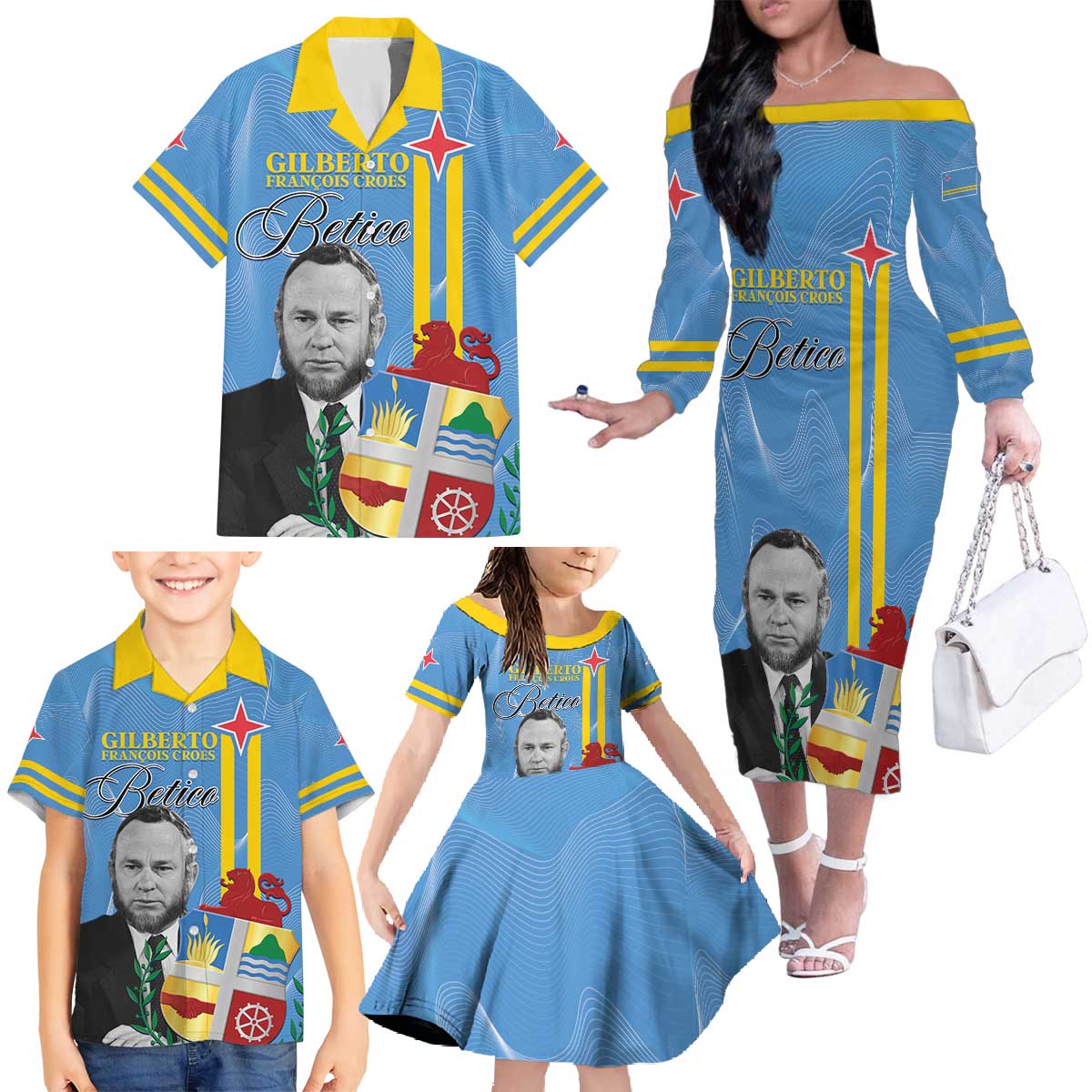 Feliz Dia di Betico Family Matching Off The Shoulder Long Sleeve Dress and Hawaiian Shirt Aruba Flag Style - Wonder Print Shop
