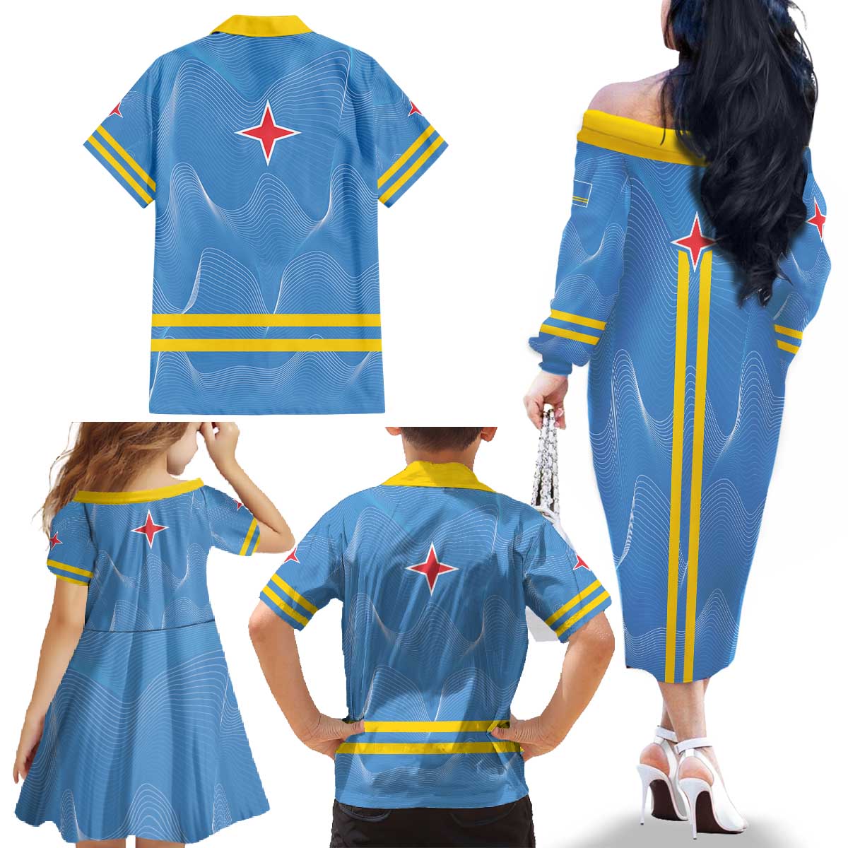 Feliz Dia di Betico Family Matching Off The Shoulder Long Sleeve Dress and Hawaiian Shirt Aruba Flag Style - Wonder Print Shop