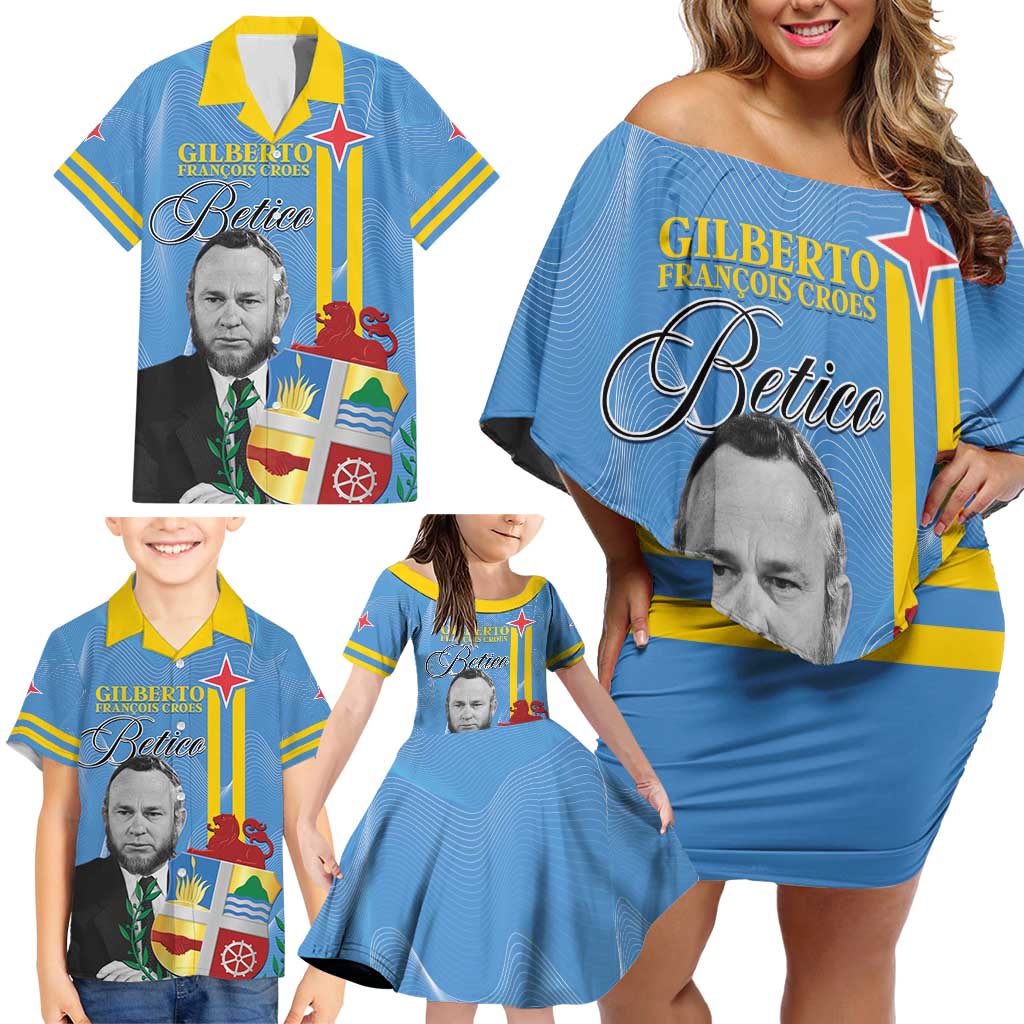 Feliz Dia di Betico Family Matching Off Shoulder Short Dress and Hawaiian Shirt Aruba Flag Style - Wonder Print Shop