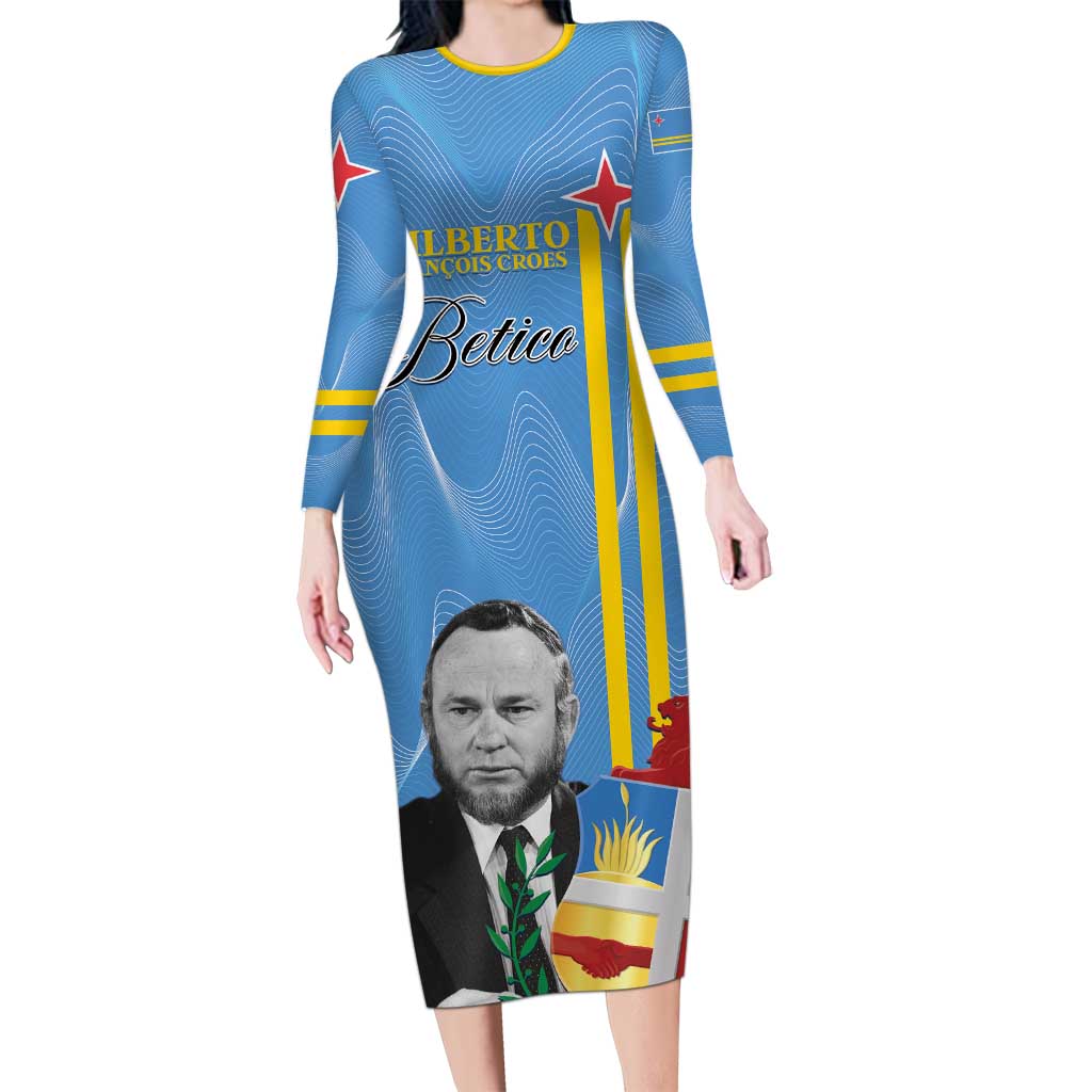 Feliz Dia di Betico Long Sleeve Bodycon Dress Aruba Flag Style - Wonder Print Shop