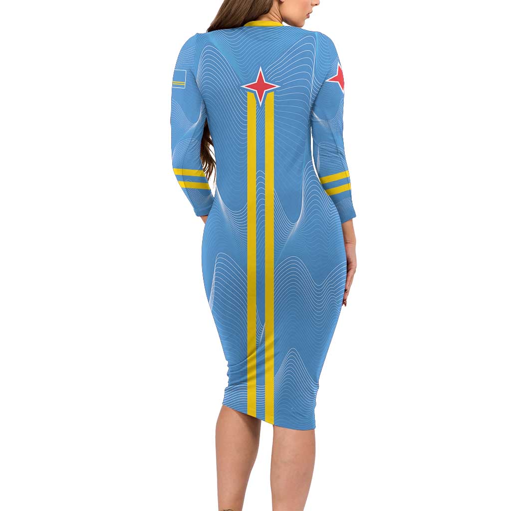 Feliz Dia di Betico Long Sleeve Bodycon Dress Aruba Flag Style - Wonder Print Shop