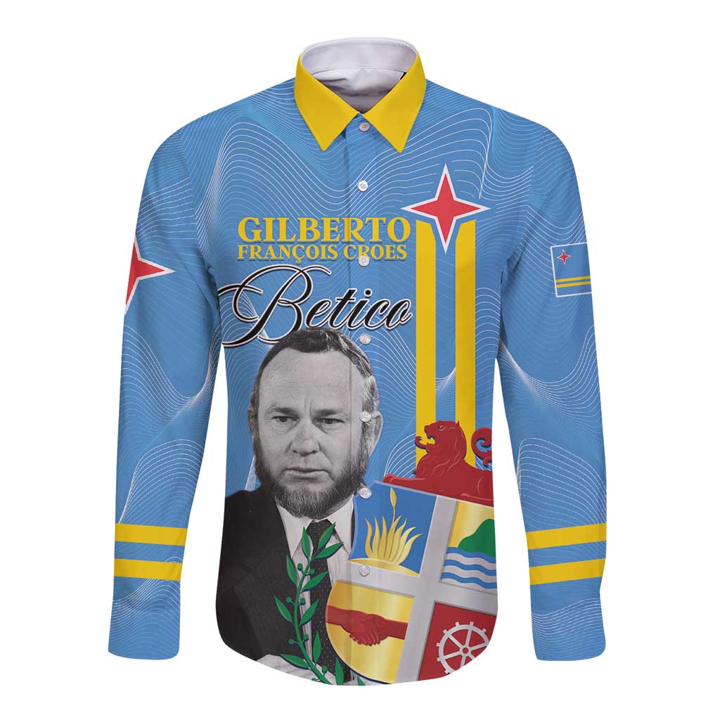 Feliz Dia di Betico Long Sleeve Button Shirt Aruba Flag Style - Wonder Print Shop