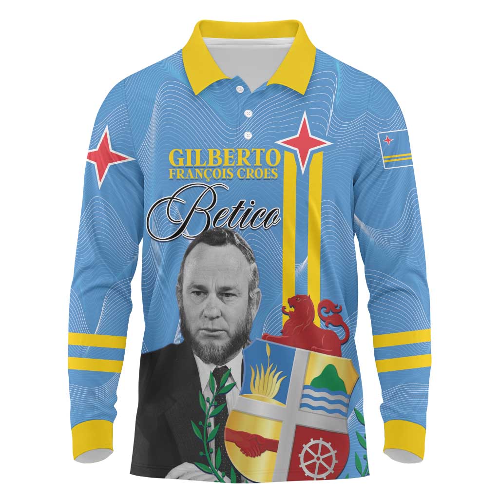 Feliz Dia di Betico Long Sleeve Polo Shirt Aruba Flag Style - Wonder Print Shop