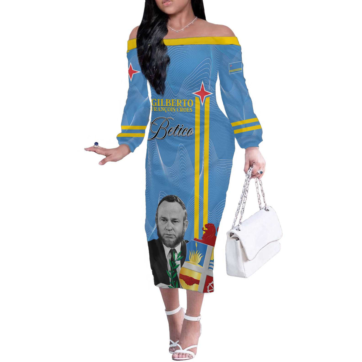 Feliz Dia di Betico Off The Shoulder Long Sleeve Dress Aruba Flag Style - Wonder Print Shop