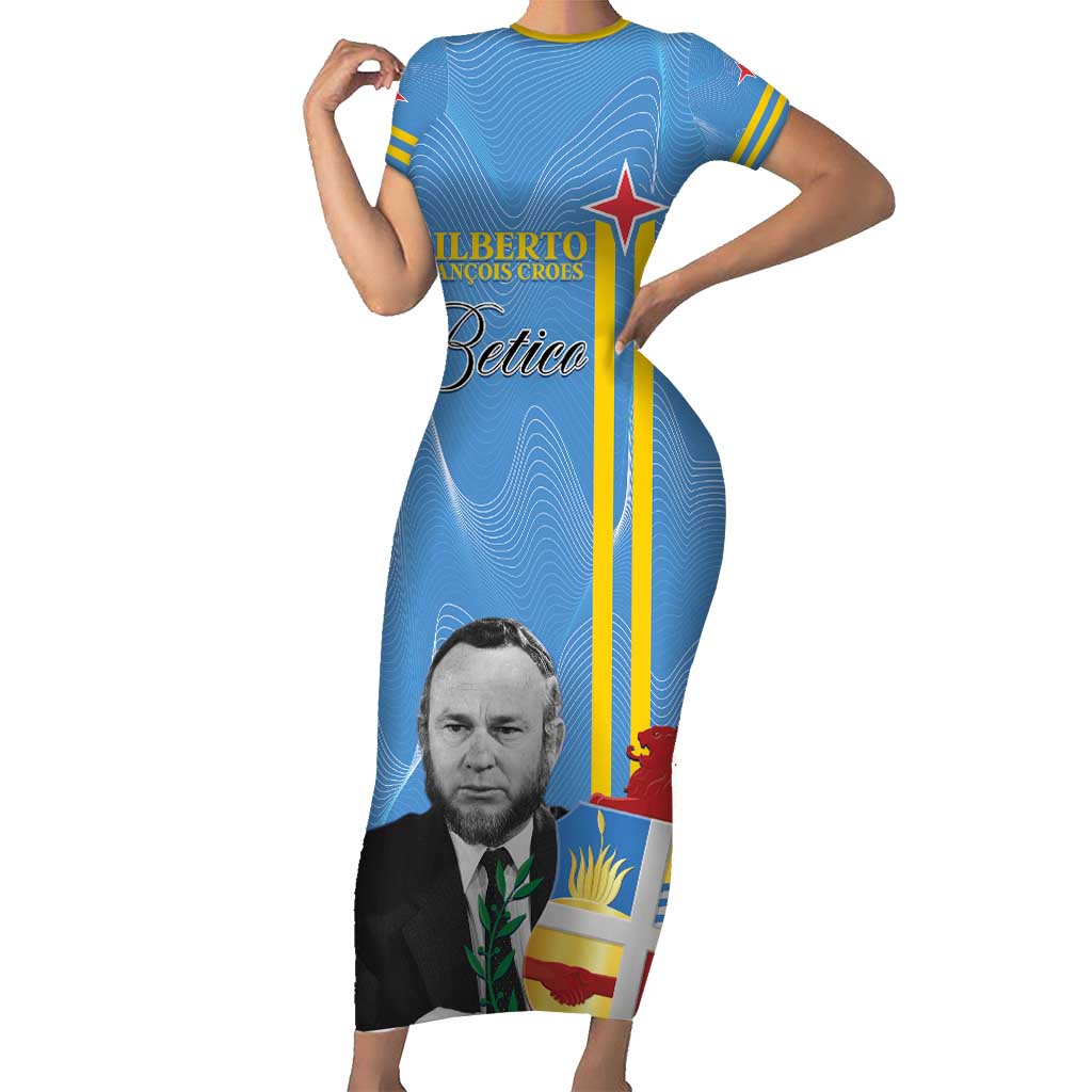 Feliz Dia di Betico Short Sleeve Bodycon Dress Aruba Flag Style - Wonder Print Shop