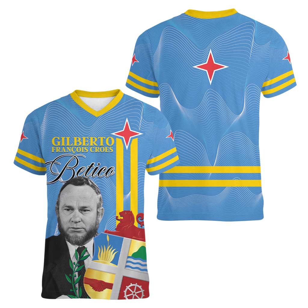 Feliz Dia di Betico Women V-Neck T-Shirt Aruba Flag Style - Wonder Print Shop