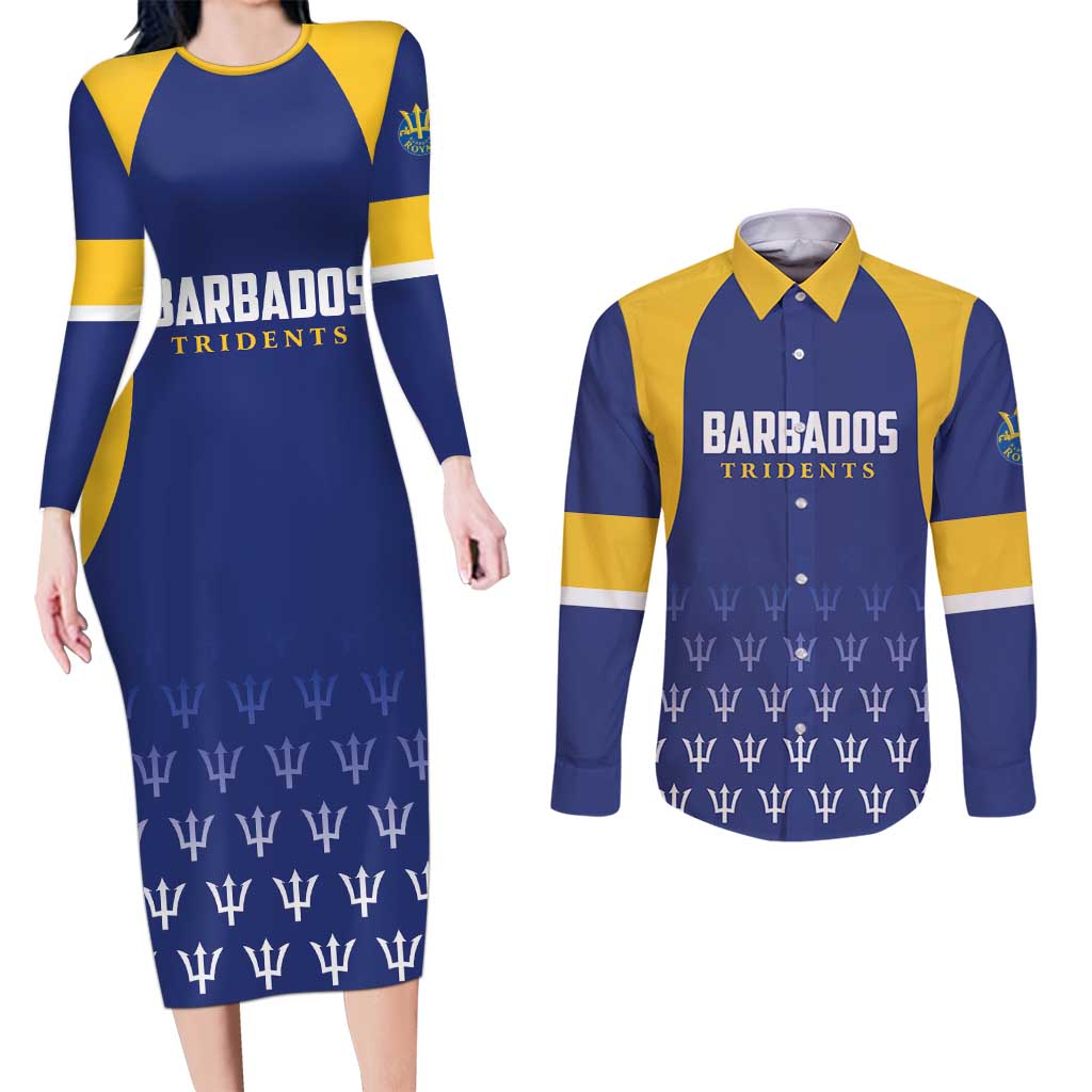 Custom Barbados Tridents Cricket Couples Matching Long Sleeve Bodycon Dress and Long Sleeve Button Shirt Go Champions - Wonder Print Shop