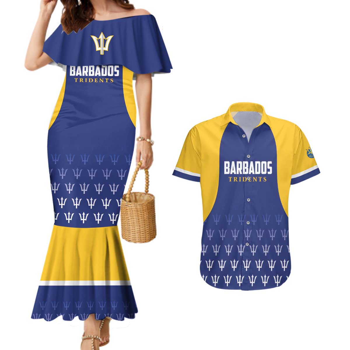 Custom Barbados Tridents Cricket Couples Matching Mermaid Dress and Hawaiian Shirt Go Champions - Wonder Print Shop