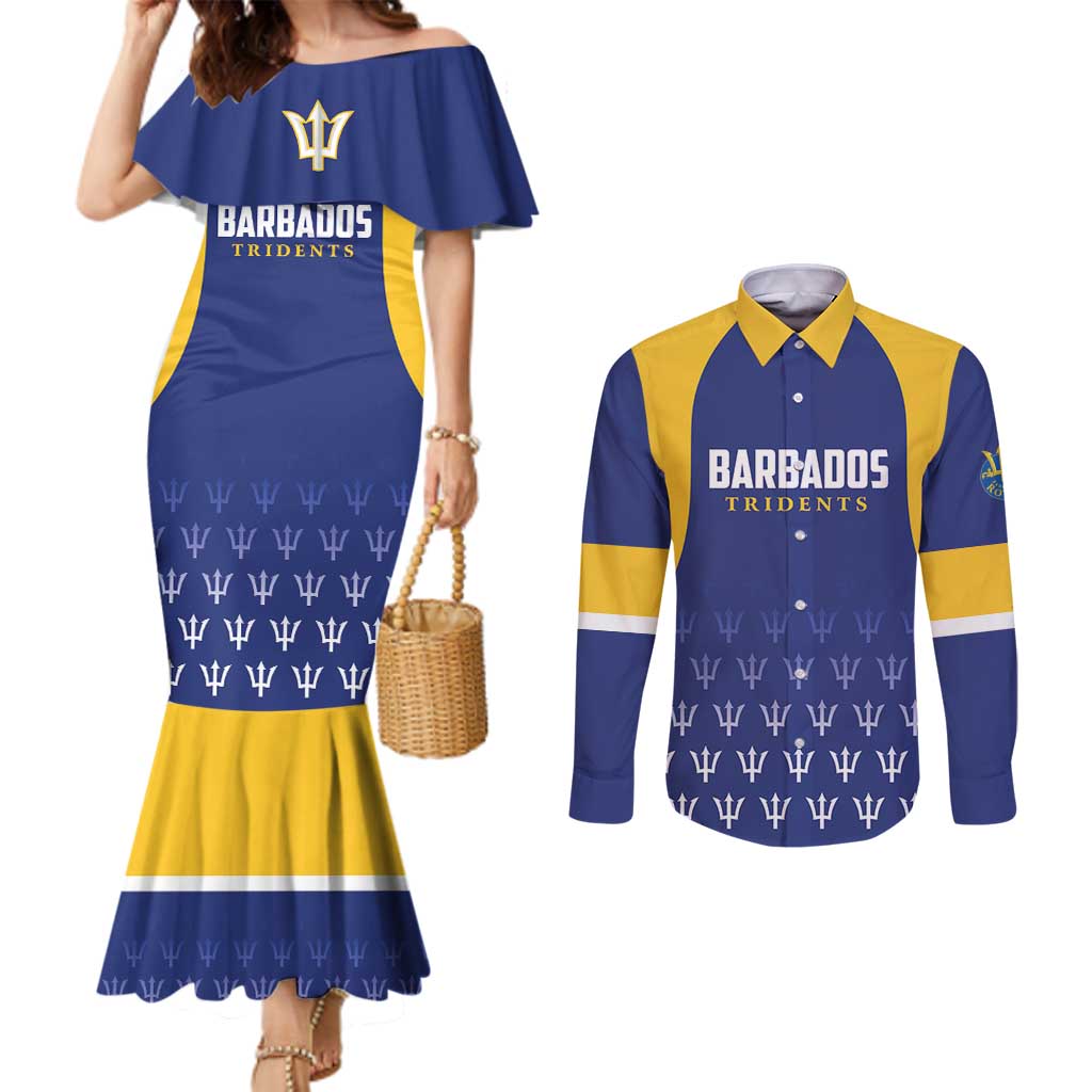 Custom Barbados Tridents Cricket Couples Matching Mermaid Dress and Long Sleeve Button Shirt Go Champions