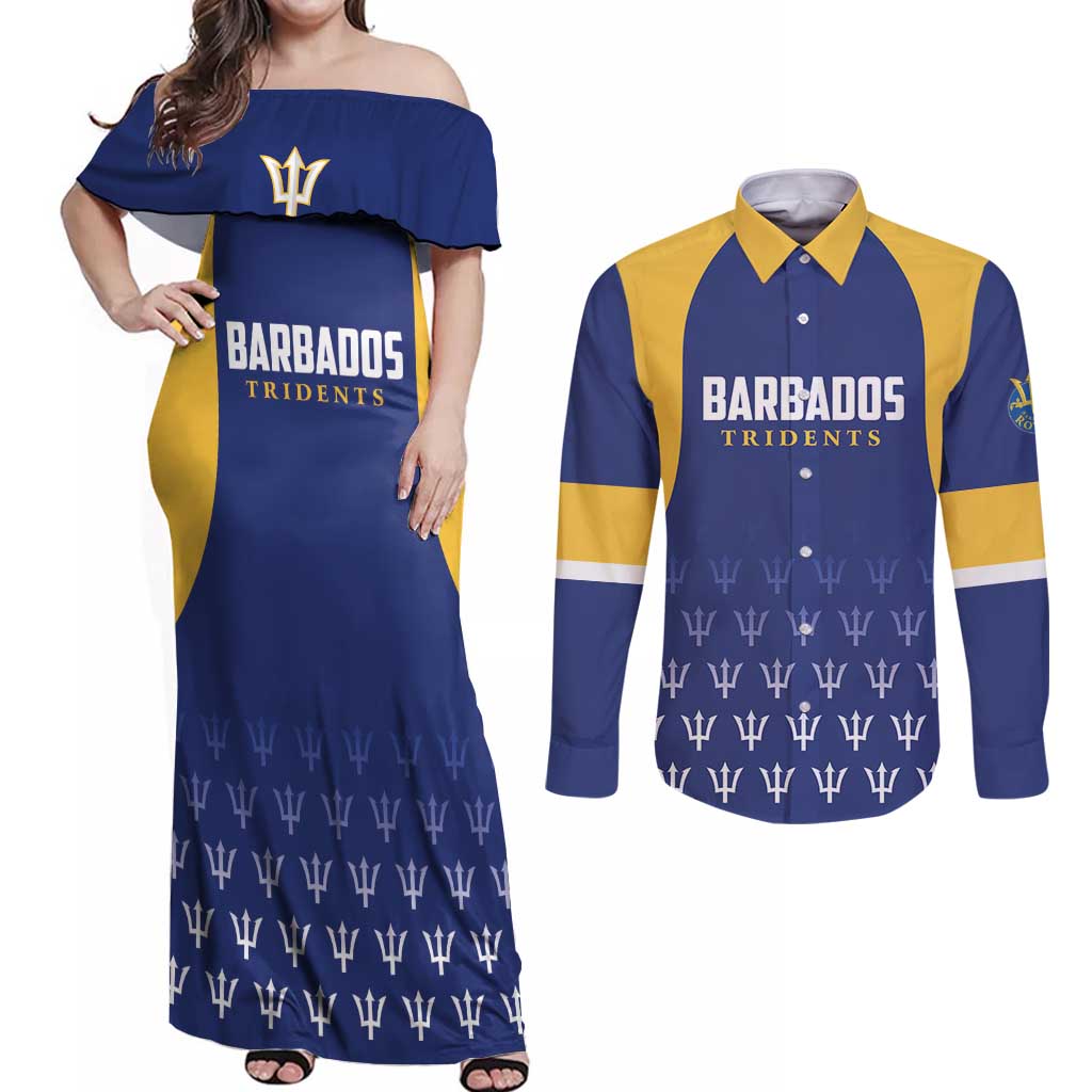 Custom Barbados Tridents Cricket Couples Matching Off Shoulder Maxi Dress and Long Sleeve Button Shirt Go Champions - Wonder Print Shop