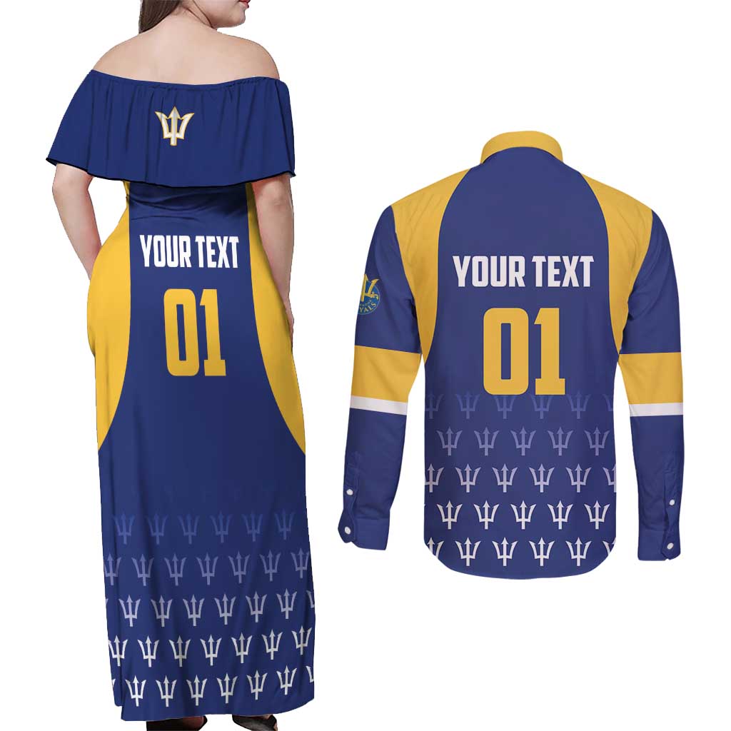 Custom Barbados Tridents Cricket Couples Matching Off Shoulder Maxi Dress and Long Sleeve Button Shirt Go Champions - Wonder Print Shop