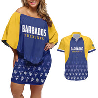 Custom Barbados Tridents Cricket Couples Matching Off Shoulder Short Dress and Hawaiian Shirt Go Champions - Wonder Print Shop