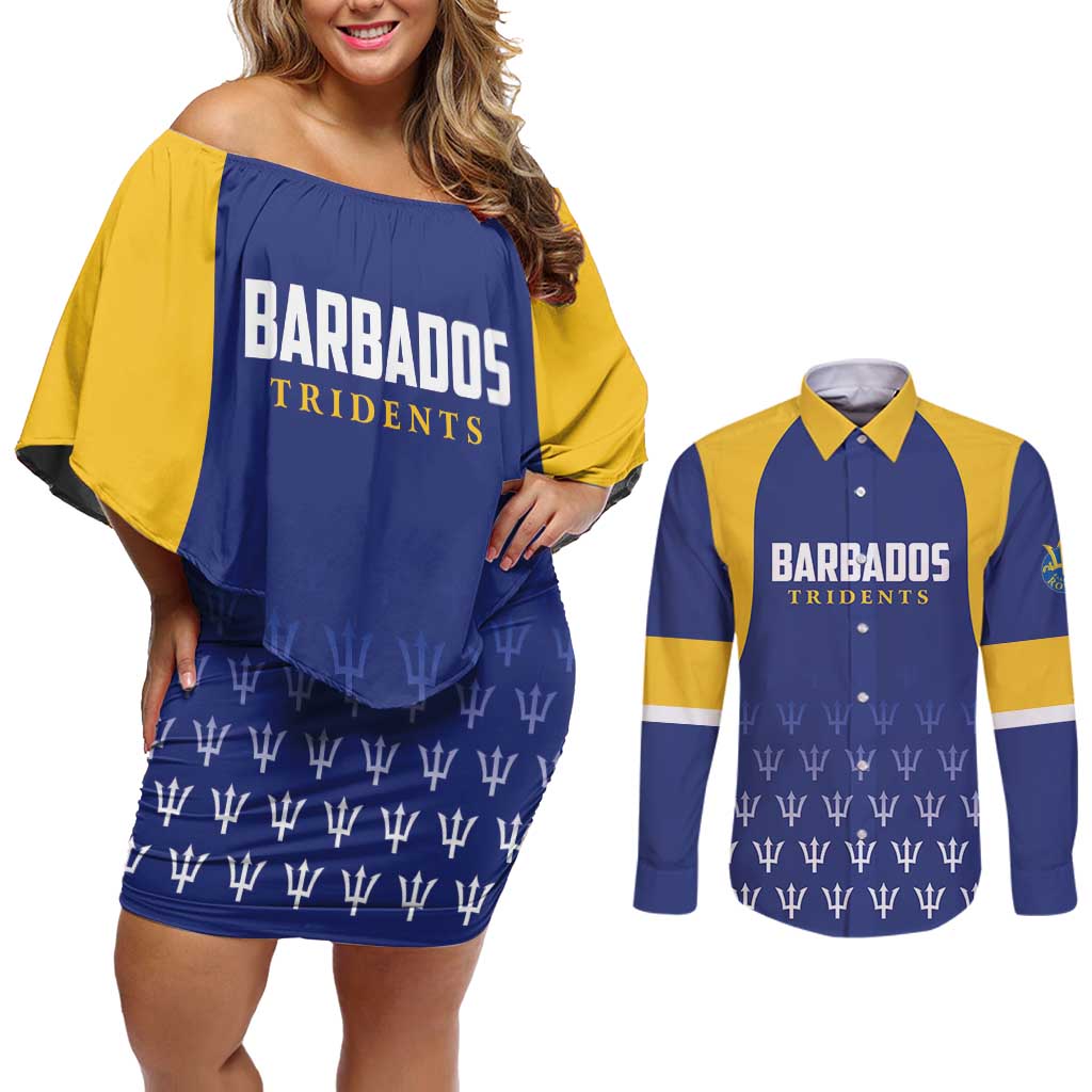 Custom Barbados Tridents Cricket Couples Matching Off Shoulder Short Dress and Long Sleeve Button Shirt Go Champions - Wonder Print Shop