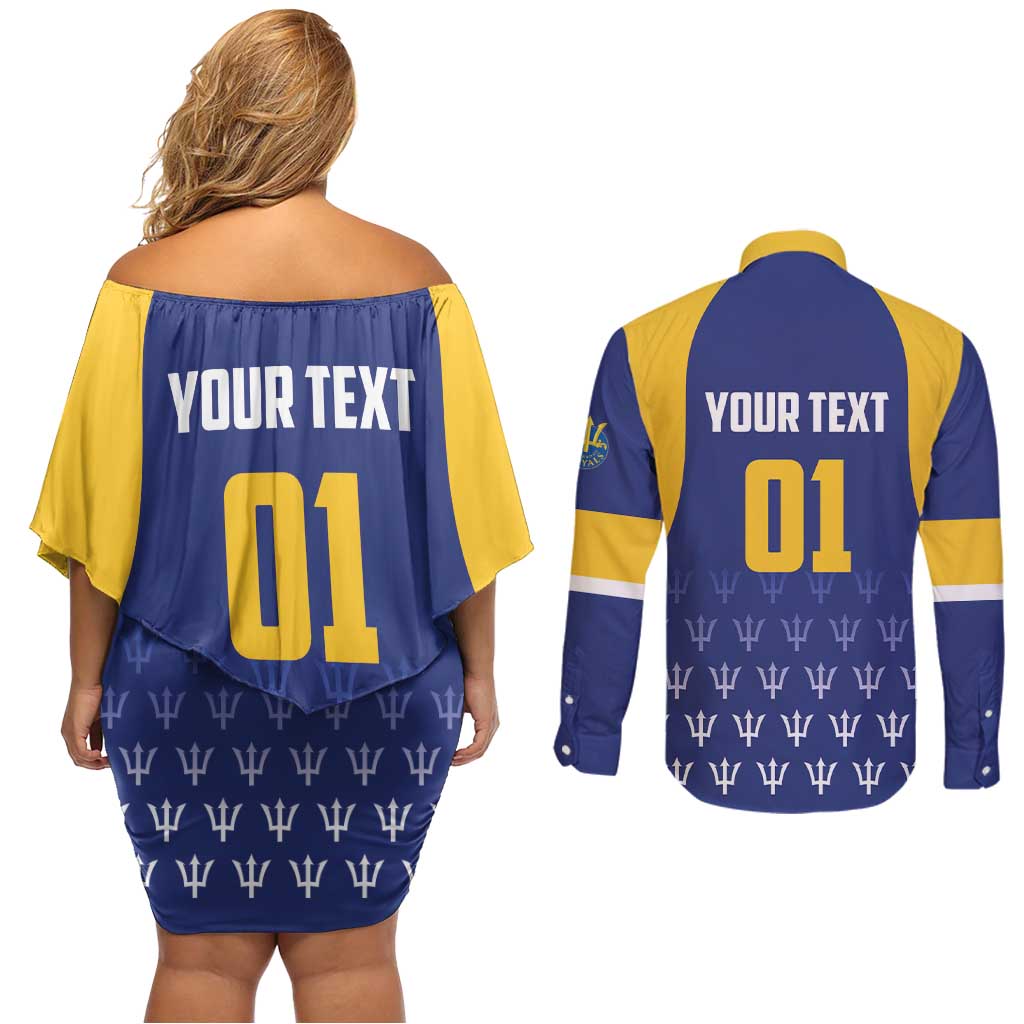 Custom Barbados Tridents Cricket Couples Matching Off Shoulder Short Dress and Long Sleeve Button Shirt Go Champions - Wonder Print Shop