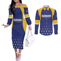 Custom Barbados Tridents Cricket Couples Matching Off The Shoulder Long Sleeve Dress and Long Sleeve Button Shirt Go Champions